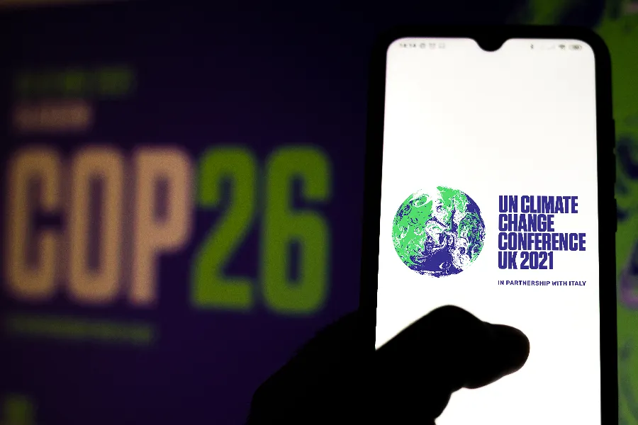 The 2021 UN Climate Change Conference (COP26) logo displayed on a smartphone.?w=200&h=150