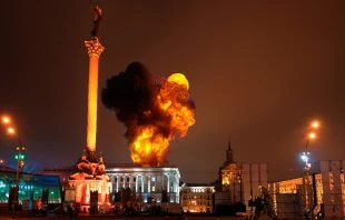An explosion in the Ukrainian capital Kyiv on Feb. 24, 2022. Giovanni Cancemi/Shutterstock.