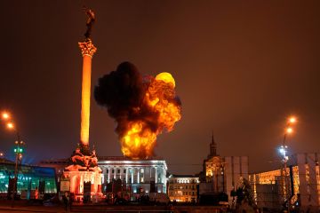 An explosion in the Ukrainian capital Kyiv on Feb. 24, 2022.