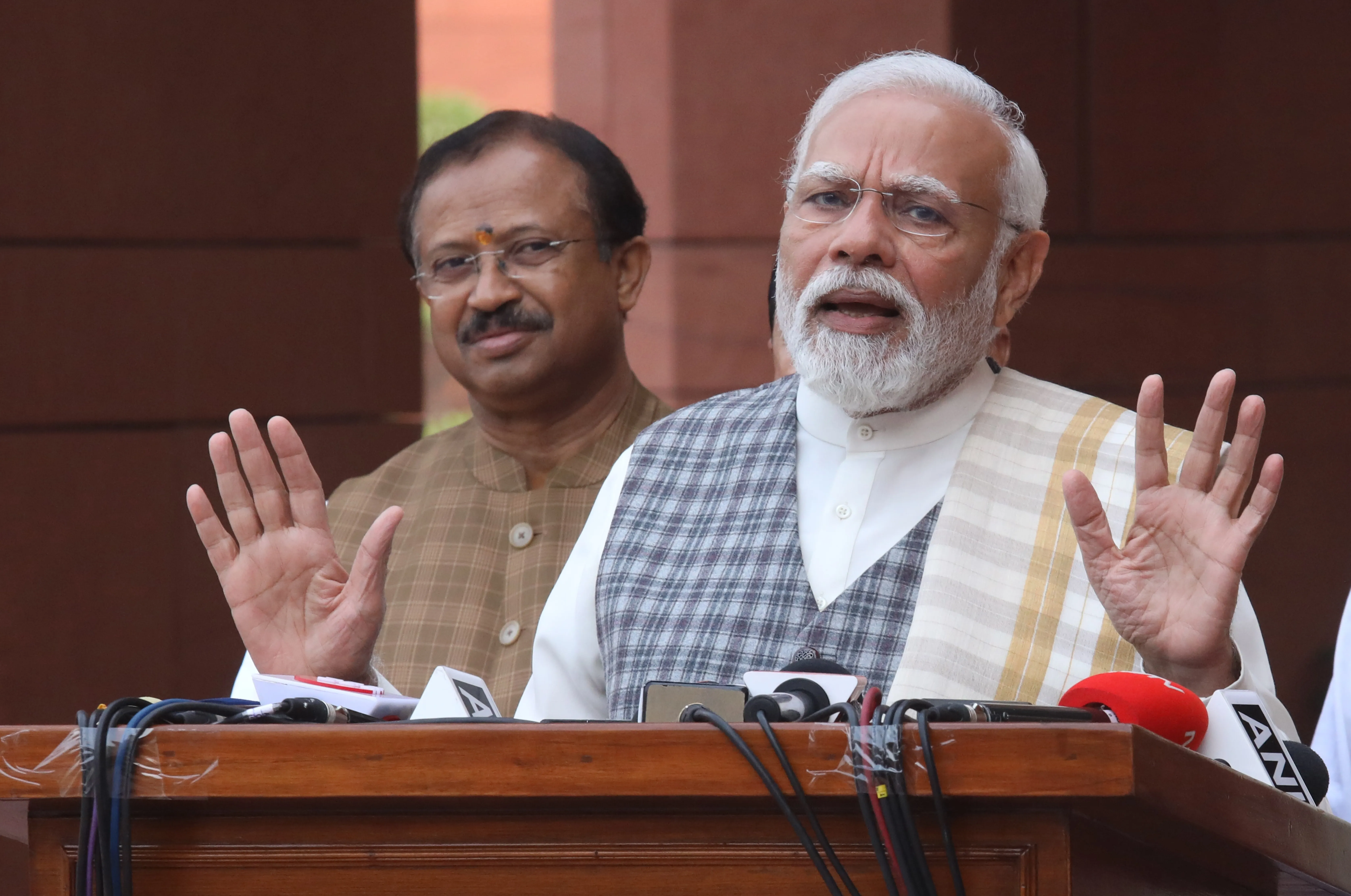 Indian Prime Minister Narendra Modi addresses the media on the opening day of the winter session of the Parliament, at Parliament House, New Delhi, India, Dec. 4, 2023.?w=200&h=150