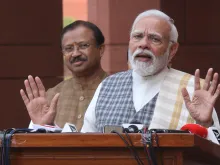 Indian Prime Minister Narendra Modi addresses the media on the opening day of the winter session of the Parliament, at Parliament House, New Delhi, India, Dec. 4, 2023.