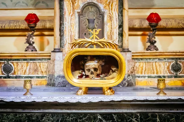 The skull of St Valentine is kept in the Greek-Catholic Church of Santa Maria in Cosmedin in Rome. Credit: nomadFra/Shutterstock