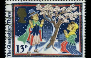 A stamp printed in United Kingdom in 1999 shows image of the dedicated to the Glastonbury Holy Thorn. Credit: MarkauMark/Shutterstock