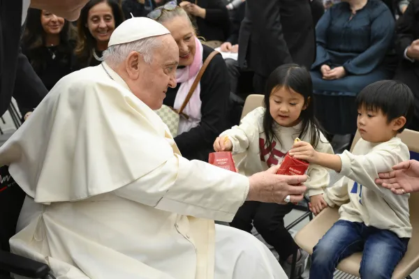 Pope Francis receives gifts from young people at his general audience on Dec. 13, 2023. Credit: Vatican Media