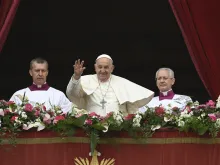 Pope Francis gives his urbi et orbi message and blessing from the central loggia of St. Peter’s Basilica on March 31, 2024.