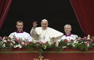 Pope Francis gives his urbi et orbi message and blessing from the central loggia of St. Peter’s Basilica on March 31, 2024. Credit: Vatican Media