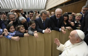 Pope Francis greets staff and families of RAI, Italy’s national public broadcasting company, March 23, 2024. Credit: Vatican Media