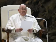 Pope Francis delivers a message at his general audience on Wednesday, Jan. 17, 2024, in the Paul VI Audience Hall at the Vatican.