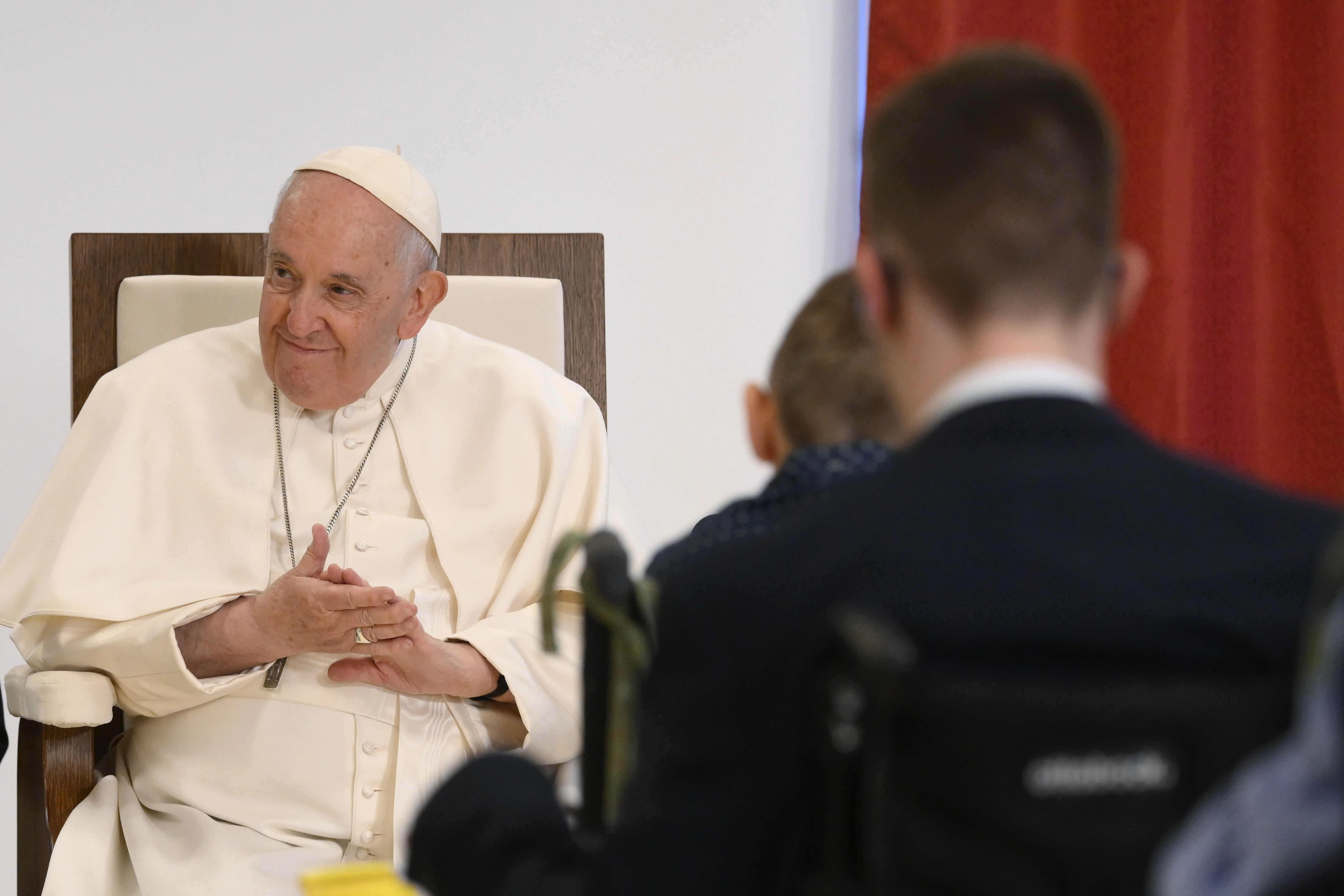 Pope Francis smiles during a meeting on April 29, 2023, with children and adults who are visually impaired and have other disabilities at a Catholic institute in Budapest, Hungary, dedicated to Blessed László Batthyány-Strattmann.?w=200&h=150