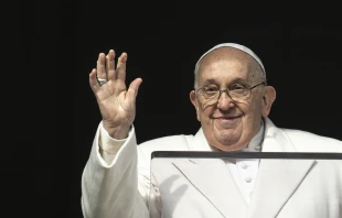 Pope Francis waves from the window of the Apostolic Palace as he gives his Angelus address for the solemnity of the Immaculate Conception on Friday, Dec. 8, 2023. Credit: Vatican Media