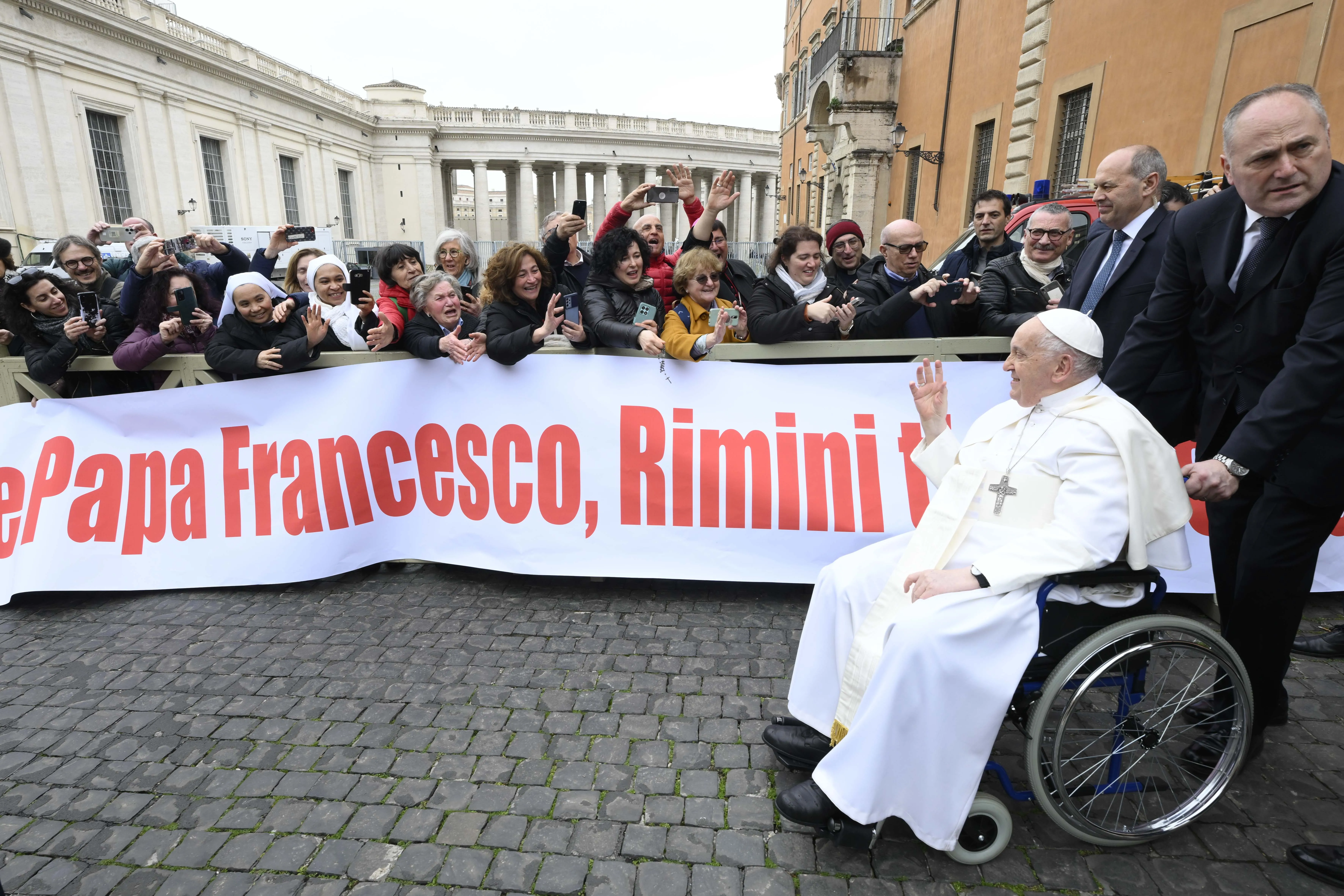 Pope Francis greets the faithful from his wheelchair during his Feb. 28, 2024, general audience at the Vatican.?w=200&h=150