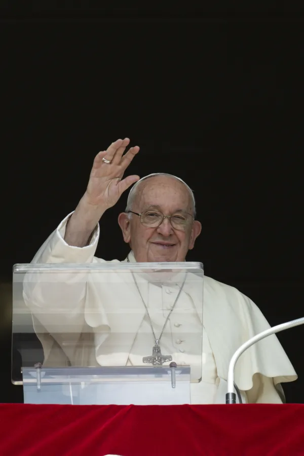 Pope Francis waves to pilgrims gathered for the Angelus in St. Peter's Square on Oct. 1, 2023. Credit: Vatican Media
