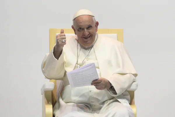 Pope Francis reacts to the audience during his meeting with young people at a sports arena in Budapest, Hungary, on April 29, 2023. Vatican Media