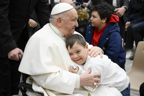 Pope Francis receives a hug during his general audience on Wednesday, Jan. 31, 2024. Credit: Vatican Media
