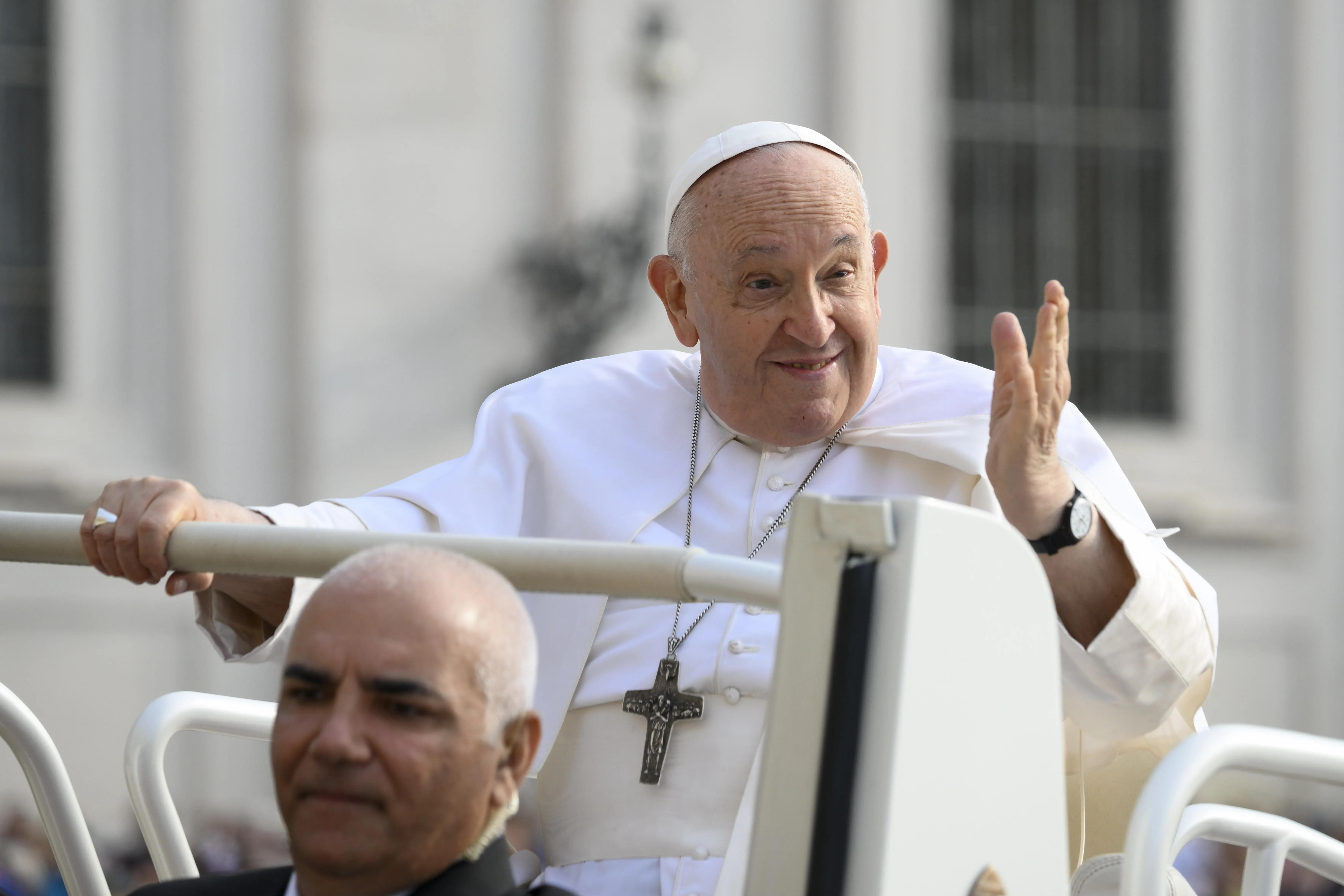 Pope Francis waves to pilgrims in St. Peter's Square at the Vatican at his general audience on Sept. 13, 2023.?w=200&h=150