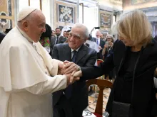 Pope Francis shakes hands with film director Martin Scorsese and his wife Helen Morris. One day after suffering from a fever, Pope Francis resumed his normal activities, including meeting with participants in a conference on “The Global Aesthetics of the Catholic Imagination,” organized by Jesuit magazine “La Civiltà Cattolica” and Georgetown University, in the Apostolic Palace on May 27, 2023.