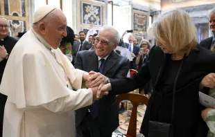 Pope Francis shakes hands with film director Martin Scorsese and his wife Helen Morris. One day after suffering from a fever, Pope Francis resumed his normal activities, including meeting with participants in a conference on “The Global Aesthetics of the Catholic Imagination,” organized by Jesuit magazine “La Civiltà Cattolica” and Georgetown University, in the Apostolic Palace on May 27, 2023. Vatican Media