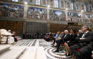 Pope Francis addressed approximately 200 prominent artists and other creative people from more than 30 countries in the Sistine Chapel on June 23, 2023. Credit: Vatican Media