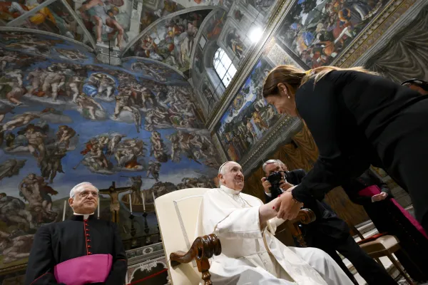 Pope Francis addressed approximately 200 prominent artists and other creative people from more than 30 countries in the Sistine Chapel on June 23, 2023. Credit: Vatican Media