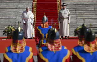 Pope Francis stands beside Mongolian President Ukhnaagiin Khürelsükh in Sukhbaatar Square in front of the State Palace in Ulaanbaatar on Sept. 2, 2023. Vatican Media