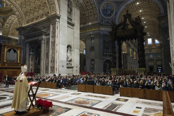 Pilgrims gather in St. Peter’s Basilica on Dec. 31, 2023, for a Mass marking the one-year anniversary of Pope Benedict XVI’s death. Credit: Vatican Media