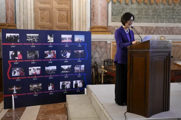 Oh Hyunjoo, the Korean ambassador to the Holy See — the first woman to hold the position — speaks at a Dec. 11, 2023, reception at the Vatican to mark the 60th anniversary of diplomatic relations between the two countries. Credit: Vatican Media
