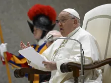Pope Francis speaks at his general audience Dec. 13, 2023, in the Paul VI Hall at the Vatican.