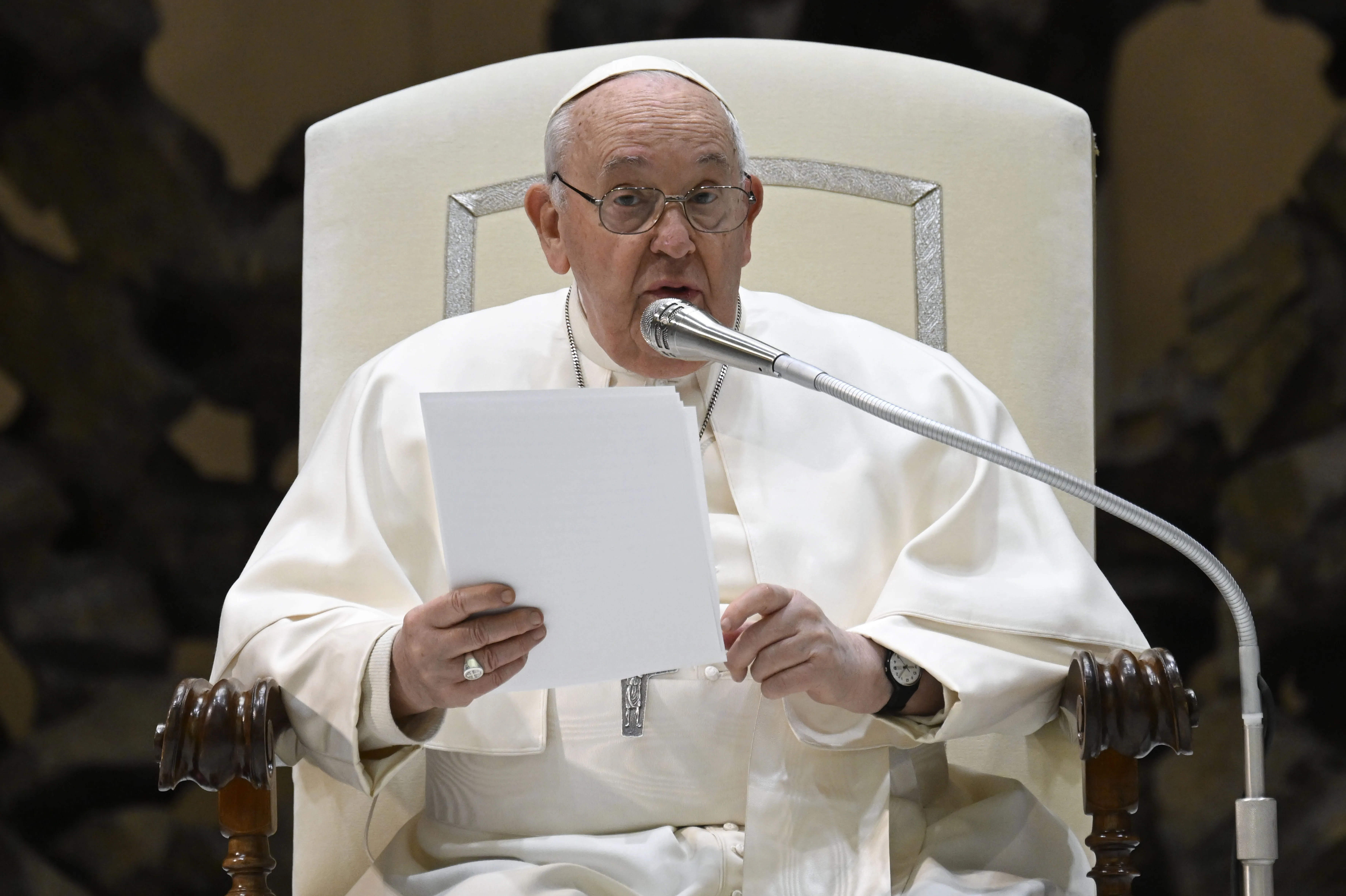 Pope Francis delivers an address during his Wednesday general audience on Feb. 14, 2024, in the Paul VI Audience Hall at the Vatican.?w=200&h=150
