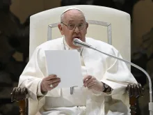 Pope Francis delivers an address during his Wednesday general audience on Feb. 14, 2024, in the Paul VI Audience Hall at the Vatican.
