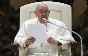 Pope Francis delivers an address during his Wednesday general audience on Feb. 14, 2024, in the Paul VI Audience Hall at the Vatican. Credit: Vatican Media