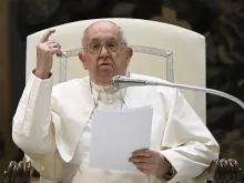 Pope Francis delivers a message on the topic of “vices and virtuesc” at his Wednesday general audience on Jan. 3, 2024.