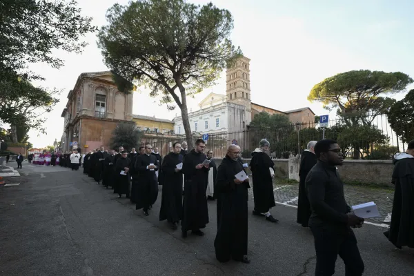 A short procession of priests and cardinals that started at the Benedictine Abbey of St. Anselm on the Aventine with sung prayers of the Litany of the Saints preceded Ash Wednesday Mass at the Basilica of Santa Sabina in Rome on Feb. 14, 2024. . Credit: Vatican Media