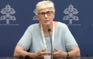 Sister María de los Dolores Palencia Gómez, Superior General of the Congregation of St. Joseph of Lyon, speaks to journalists during a press briefing for the Synod on Synodality at the Vatican on Oct. 14, 2023. Credit: Screenshot from Synod on Synodality livestream video
