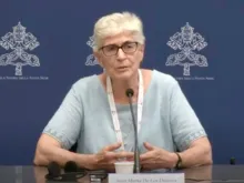 Sister María de los Dolores Palencia Gómez, Superior General of the Congregation of St. Joseph of Lyon, speaks to journalists during a press briefing for the Synod on Synodality at the Vatican on Oct. 14, 2023.