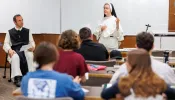 A sister with the Nashville Dominicans of St. Cecilia gives a lecture at the University of Dallas.