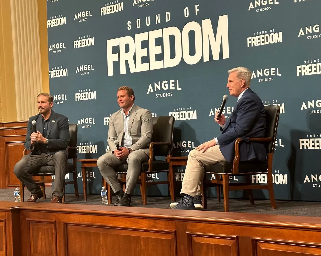 Actor Jim Caviezel; Tim Ballard, whom Caviezel portrays in the movie “Sound of Freedom”; and Speaker of the House Kevin McCarthy answer questions at a screening of the movie on Capitol Hill in Washington, D.C., July 25, 2023.?w=200&h=150