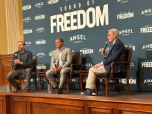 Actor Jim Caviezel; Tim Ballard, whom Caviezel portrays in the movie “Sound of Freedom”; and Speaker of the House Kevin McCarthy answer questions at a screening of the movie on Capitol Hill in Washington, D.C., July 25, 2023.