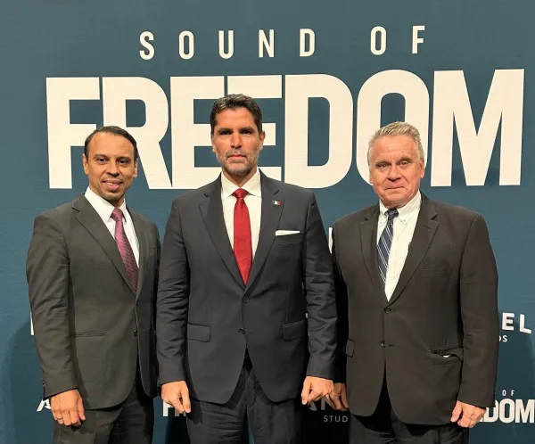 Roger Severino of the Heritage Foundation; Eduardo Verastegui, actor and producer of “Sound of Freedom”; and Rep. Christopher Smith, R-New Jersey, at a screening of the movie on Capitol Hill in Washington, D.C., July 25, 2023. Credit: Martin Barillas/CNA