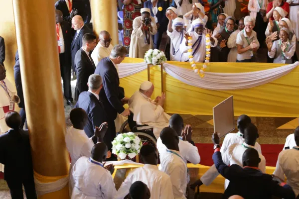 Pope Francis enters St. Theresa Cathedral in Juba, South Sudan for a meeting with bishops, priests, and religious on Feb. 4, 2023. Elias Turk/CNA