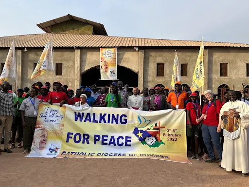 On Jan. 25, 2023, 60 youth and 24 adults, including Bishop Christian Carlassare (center) and Sister Orla Treacy (right) started on a nine-day, 255-mile pilgrimage from Rumbek to Juba, South Sudan for Pope Francis’ Feb. 3-5 visit.?w=200&h=150
