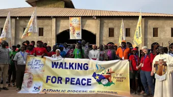 On Jan. 25, 2023, 60 youth and 24 adults, including Bishop Christian Carlassare (center) and Sister Orla Treacy (right) started on a nine-day, 255-mile pilgrimage from Rumbek to Juba, South Sudan for Pope Francis’ Feb. 3-5 visit.
