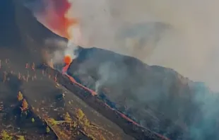 Screenshot of video footage showing the destruction of Saint Pius X Church in La Palma in the Canary Islands on Sept. 26, 2021. ACI Digital
