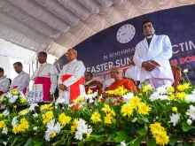 The Vatican ambassador to Colombo, Archbishop Brian Udaigwe (third from left) and Sri Lanka's Cardinal Malcolm Ranjith (fourth from left) take part in a remembrance service during the fifth anniversary of the Easter Sunday suicide attacks at St. Anthony Church in Colombo on April 21, 2024.