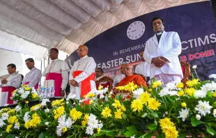 The Vatican ambassador to Colombo, Archbishop Brian Udaigwe (third from left) and Sri Lanka's Cardinal Malcolm Ranjith (fourth from left) take part in a remembrance service during the fifth anniversary of the Easter Sunday suicide attacks at St. Anthony Church in Colombo on April 21, 2024. Credit: ISHARA S. KODIKARA/AFP via Getty Images