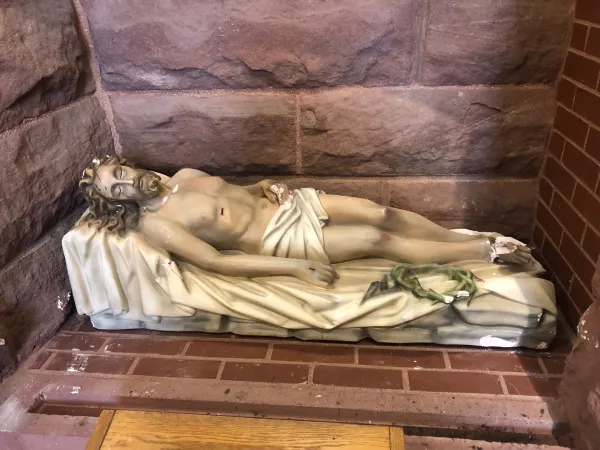 The Christ in Death statue at the cathedral in Fargo, North Dakota, after it was damaged on Jan. 23, 2023. Credit: Paul Braun/New Earth
