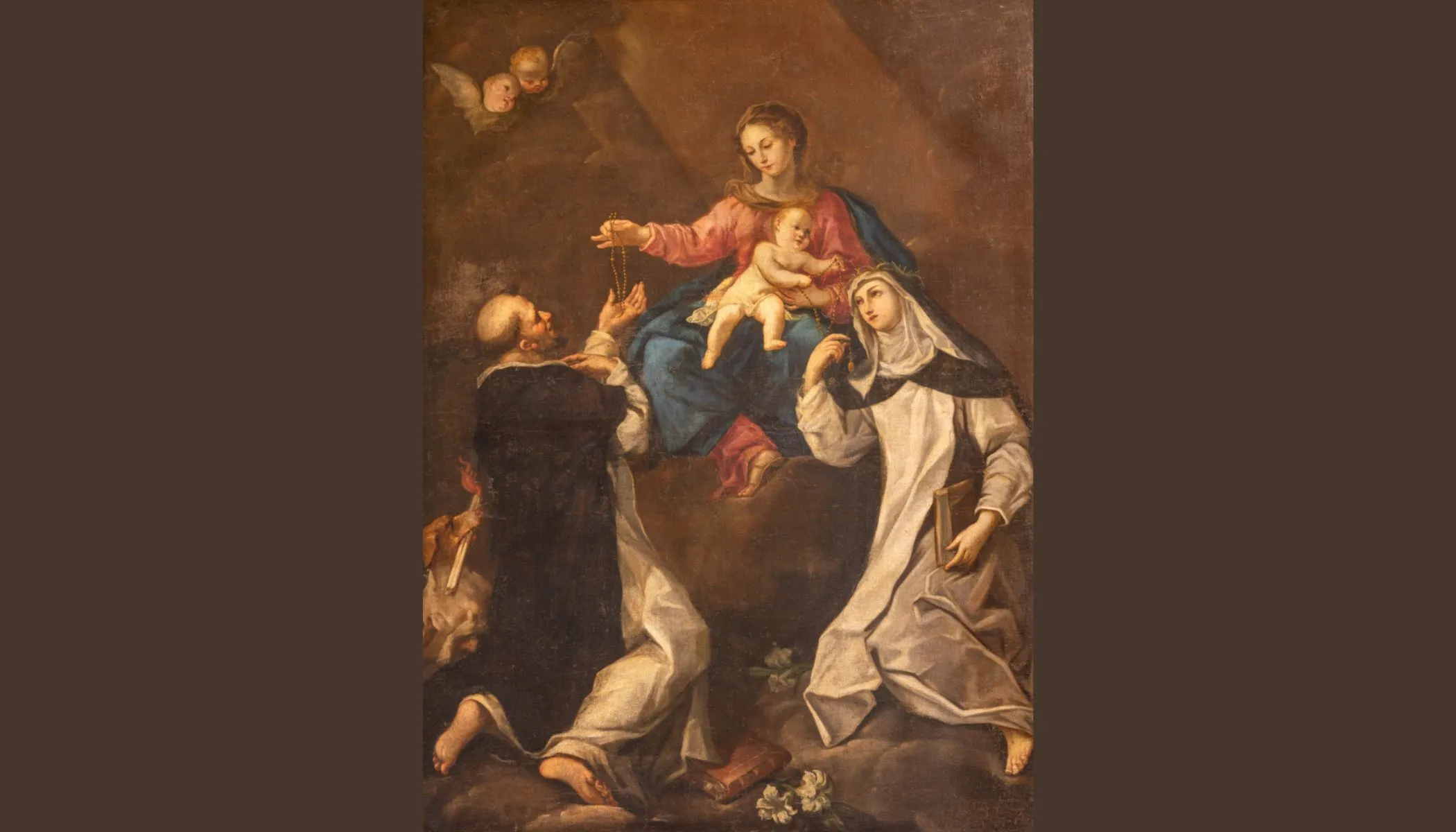 The Blessed Mother gives the rosary to St. Dominic in the 18th-century painting by Andrea Barbiani of the Madonna with St. Dominic and St. Catherine of Siena in the Basilica di Santa Maria del Porto in Ravenna, Italy.?w=200&h=150