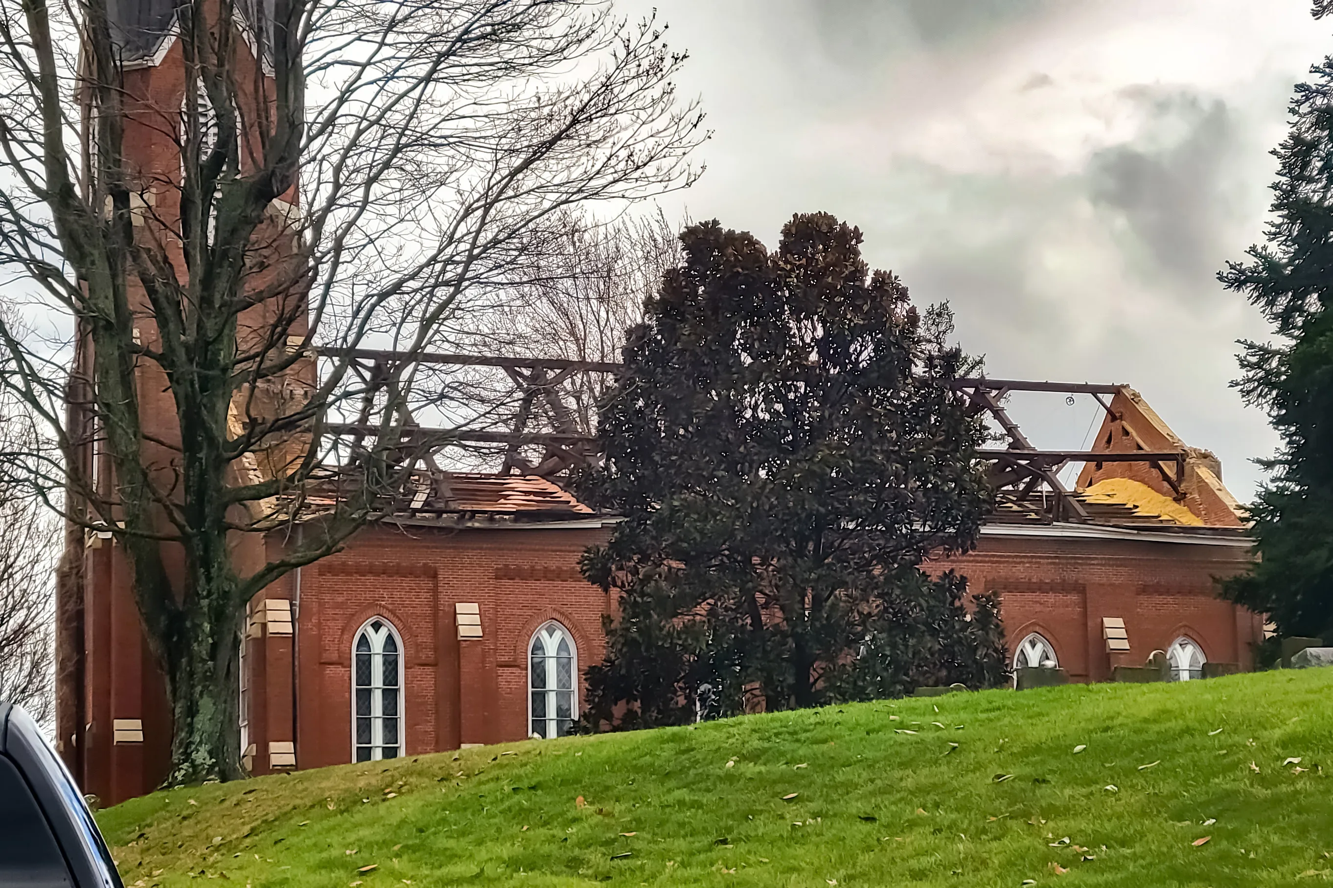 Undamaged trees surround St. Joseph Church in Vanderburgh County, which lost its roof to a severe storm that moved through the area March 3, 2023.?w=200&h=150