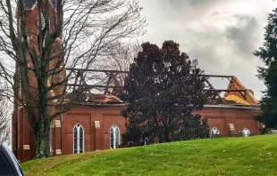Undamaged trees surround St. Joseph Church in Vanderburgh County, which lost its roof to a severe storm that moved through the area March 3, 2023. Don Werner/The Message, Diocese of Evansville