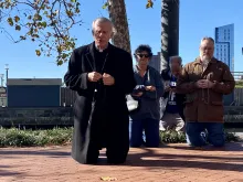 Bishop Joseph Strickland, who was removed as the leader of the Diocese of Tyler, Texas, by Pope Francis on Nov. 11, 2023, leads the recitation of the rosary outside the site of the U.S. bishops' fall assembly in Baltimore on Nov. 14, 2023.