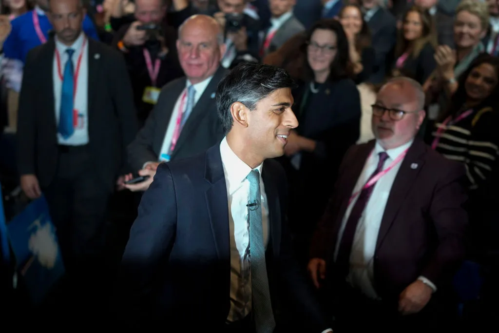 Prime Minister Rishi Sunak leaves following his speech during the final day of the Conservative Party Conference on Oct. 4, 2023, in Manchester, England.?w=200&h=150